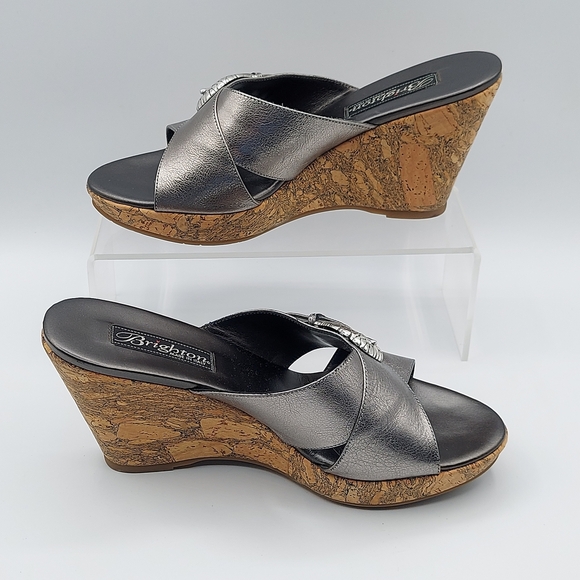 Brighton Summer Made In Italy Platfrom Cork Wedge Heel Sandals Pewter Women's 7 - Picture 5 of 10
